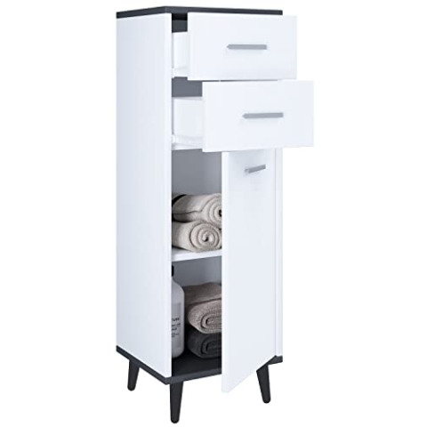 VCM Badmöbel Midischrank | Seitenschrank | Maße: H. 97 x B. 32 x T. 28 cm| 2 Schubladen | 1 Drehtür | 2 Fächer – Landos Weiß/Anthrazit