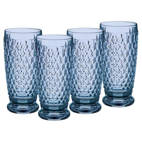 Villeroy & Boch Boston Coloured Longdrinkgläser Blue 4er Set, 400 ml, Farbige Trinkgläser mit Facettenmuster, Kristallglas für Cocktails, Spülmaschinengeeignet, Blau