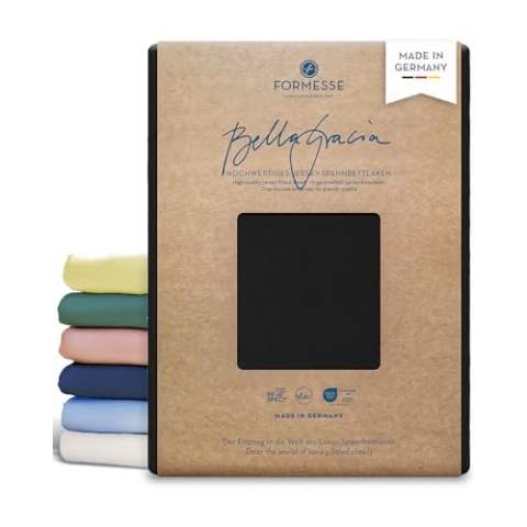 Formesse – Bella Gracia La Piccola Jersey Spannbettlaken für Topper bis 12cm Höhe - 180x190-200 cm - 97% Baumwoll-Kompaktgarn, 3% Elastan/Spannbetttuch aus Deutschland – Farbe Schwarz