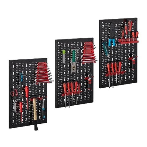 Relaxdays, schwarz/rot Werkzeugwand Metall, 25-teiliges Zubehör-Set, HxBxT: 60 x 118 x 2 cm, 3 Lochwände, Wandmontage, Stahl