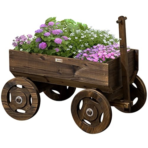 Outsunny Hochbeet im Holzwagen-Design, Blumenkasten Holz, Pflanzenwagen, Pflanzenständer für Garten und Terrasse, bis 50 kg belastbar, Verkohlt, 120 x 53 x 55 cm