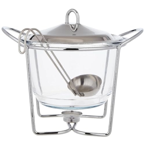 APS 65035 Servierschale mit Stövchen Ø 23cm, H: 26cm, Stövchen Metall verchromt, Glasschale, 4 Liter, Deckel Edelstahl poliert Schöpfkelle aus Edelstahl, -HOT POT-
