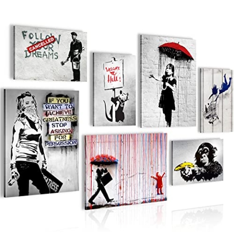 Novart Wandbilder Banksy Collage - KOMPLETT AUFHÄNGFERTIG - Street Art Wohnzimmer Büro - 7 Moderne Mood-Bilder - N019471a