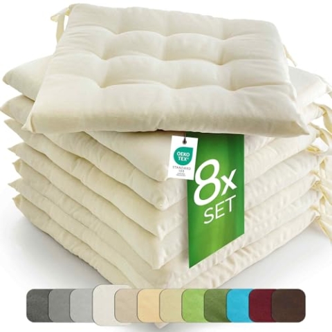 etérea 8er Set Sitzkissen Outdoor 40x40 mit Bändern - Stuhlkissen Creme für Gartenstuhl & Innenbereich - waschbare Sitzauflagen Gartenmöbel - 8 Stück Kissen 40x40 cm - Creme