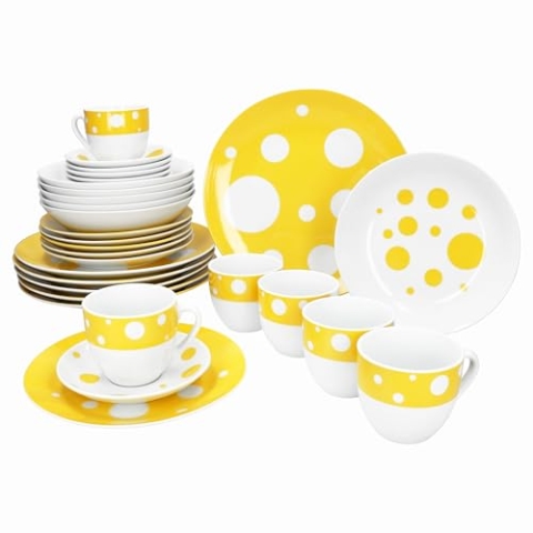 MamboCat Pula gelb 30tlg Kombiservice I weißes Porzellan-Geschirrset mit Punkten für 6 Personen I Je 6X Tassen, Untertassen, Kuchenteller, Suppenteller & Speiseteller