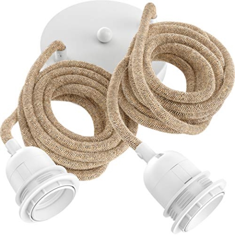 Hoopzi - Pendelleuchte 2 Flamming - 2,5m Textilkabel Seil und Weiß - 2 X E27 Fassung - Vintage, Industrial Für Esstisch, Wohnzimmer, Esszimmer, Zimmer, Schlafzimmer, Küche