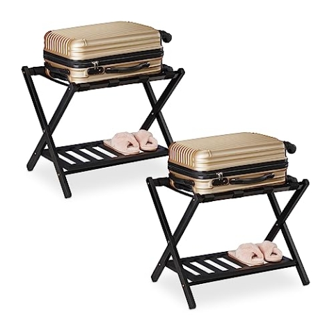 Relaxdays Kofferständer klappbar, 2er Set, Holz, HxBxT: 54 x 66 x 45 cm, 2 Ablagen, Kofferaufbewahrung Hotel, schwarz