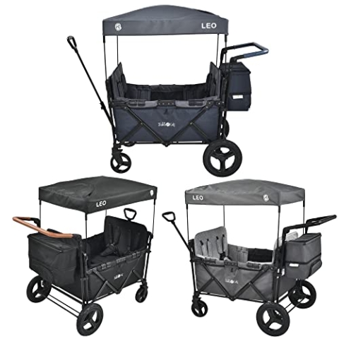 FableKids Bollerwagen Leo X4Plus mit Dach | 4 Sitzplätze | Faltbarer Transportwagen | XXL-Hecktasche | 4X 5-Punkt-Gurt | 360° Offroad Räder | Fußbremse | Oxford 600D | Belüftungsnetze| Blueberry Blue