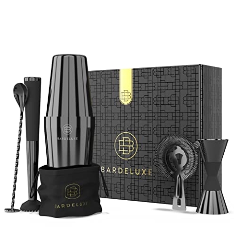 BarDeluxe® Boston Shaker Set 5-teilig, Barkeeper Set, Cocktail Mix Set - 750ml Cocktailshaker Boston, Cocktail Set Edelstahl, Cocktail Zubehör - Luxus Geschenkset, Tasche & Rezeptbuch (Schwarz)