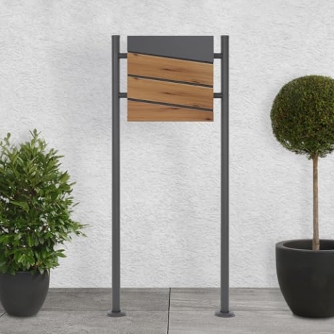 ECD Germany Standbriefkasten mit Zeitungsfach, Design Briefkasten mit Pfosten, Briefkastenanlage, Briefkastenständer Anthrazit 120cm Edelstahl pulverbeschichtet, Postkasten Anthrazit-Holzoptik Stahl