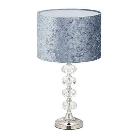 Relaxdays Tischlampe, Samtschirm, Kristallfuß, E14-Fassung, Wohn- & Schlafzimmer, Tischleuchte, H x D: 48 x 26 cm, grau
