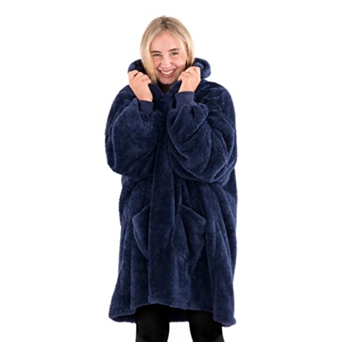 Snug Rug Navy Blau Hoodie Decke mit Ärmel Pullover Decken-Kapuzenpullover Übergroße Sweatshirt Kuscheldecke mit Ärmeln Kapuze Fleece für Herren und Damen Einheitsgröße