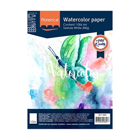 Vaessen Creative Florence Aquarellpapier A4, Weiß, 300 g/m² Strukturiertes Papier, 10 Blatt für Aquarellmalerei, Handlettering und Brush Lettering
