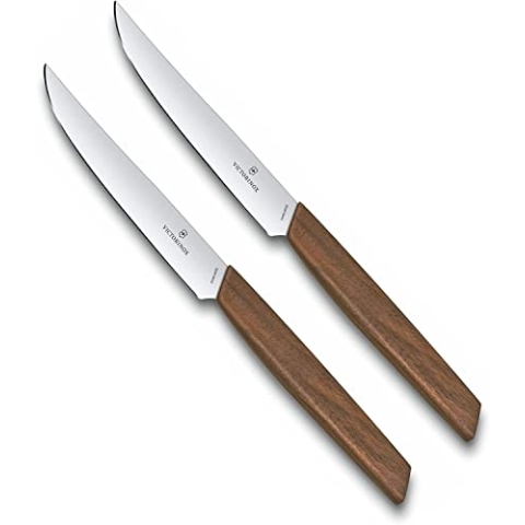 Victorinox Swiss Modern, Profi Steakmesser-Set, 2-teilig, Extra Scharfe Klinge, gerader Schliff, 12 cm, Holzgriff, Rostfreier Stahl, braun
