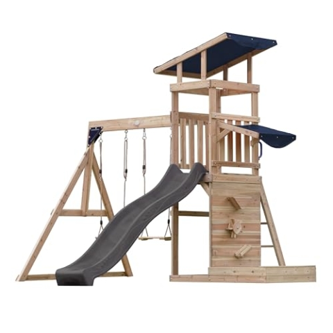 AXI Malik Spielturm aus Holz mit 2 Schaukeln | XXL Spielhaus/Spielplatz für Kinder mit Sandkasten, Spielwand & Rutsche, grau | Schaukelgerüst für den Garten..
