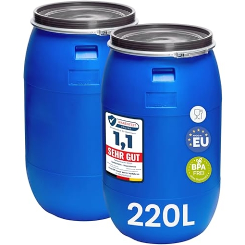 Garronda Set 2X 220 Liter Regentonne mit Deckel Weithalsfass aus HDPE Regenfass für Garten Fass 220l Regenwassertonne Futtertonne Wasserbehälter Universalfass Wasserfass Wassertank GD-0124, Blau