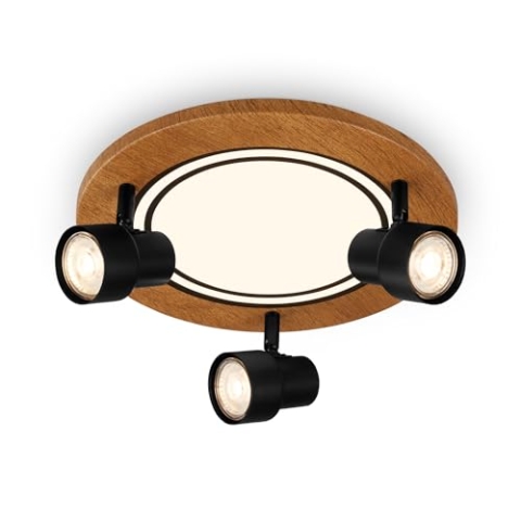 BRILONER - LED Deckenlampe mit Spots, warmweißes Licht, Schwenkbare Deckenleuchte, LED Lampe Holz, 12W Wohnzimmerlampe mit Speicherfunktion, 300x155 mm (DxH)