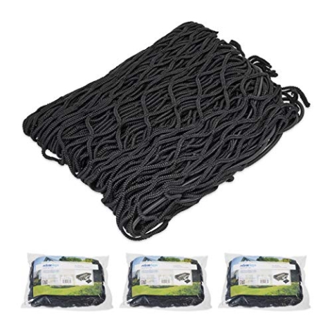 Relaxdays 4 x Anhängernetz, Gepäcknetz zur Ladungssicherung, reißfest, flexibel, dehnbar bis 3x2 Meter, Abdecknetz, schwarz