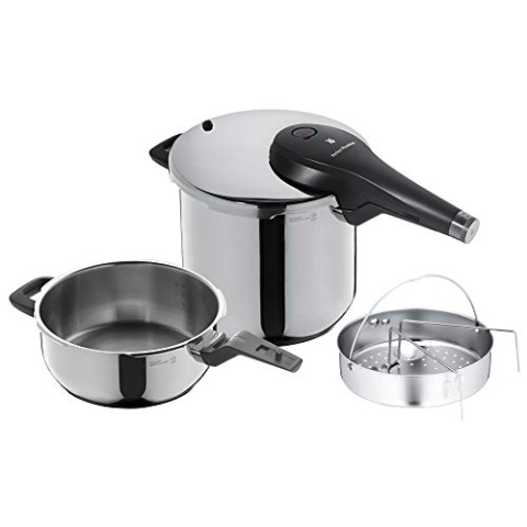 WMF Perfect Premium One Pot Schnellkochtopf Set Induktion 3-teilig, Dampfkochtopf 6,5l + 3l mit Einsatz-Set, Schnellkochtopf Induktion, Cromargan Edelstahl, 2 Kochstufen, Drehknopf