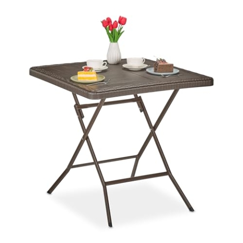 Relaxdays Gartentisch Holz-Optik, quadratisch, HBT: 74x78x78 cm, Balkontisch, Kunststoff, Metall, Outdoortisch, braun