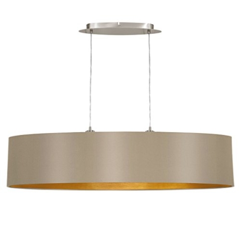 EGLO Pendellampe Maserlo, 2 flammige Textil Pendelleuchte, Hängeleuchte oval aus Metall in Silber und Stoff in Taupe, gold, E27 Fassung, L 100 cm