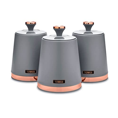 Tower Cavaletto T826131GRY Vorratsdosen für Tee, Kaffee, Zucker, Stahl, Grau und Roségold, 3 Stück
