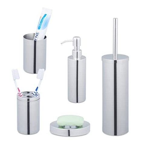 Relaxdays Badezimmer Set, 5-teilig, Badaccessoires Edelstahl poliert, komplette Badezimmerausstattung, modern, Silber