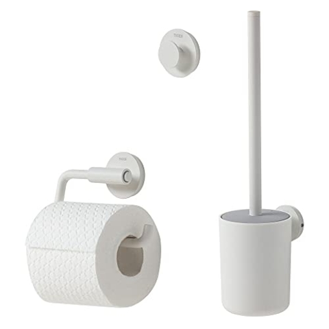 Tiger Urban Badaccessoire-Set, Edelstahl, Weiß, 3-teilig, bestehend aus Toilettenpapierhalter zur Wandmontage, Haken und WC-Bürste, mit austauschbaren Dekor-Ringen zur individuellen Gestaltung
