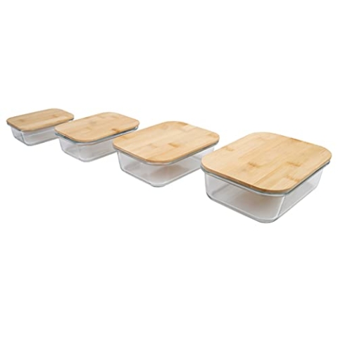 axentia Glas Frischhaltedosen-Set, transparent, holzfarben, 4-teilig