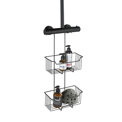 WENKO Thermostat-Dusch-Caddy Mod. Milo, 2 Etagen, Duschregal zum Hängen an die Armatur, Ablage aus Edelstahl (rostfrei), 25 x 55 x 14 cm, Schwarz