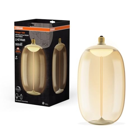 OSRAM Vintage 1906 Big Elipse Oval ist eine dimmbare LED-Lampe aus Kunststoff mit Filament in Ellipsenform. Sie bietet 12 W, 500 lm, E27 Fassung, Bernstein Design, 200 mm Durchmesser, CRI 80, 1800 K.
