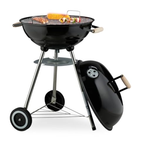 Relaxdays Kugelgrill, Ø 44 cm Grillrost, Outdoor BBQ, Holzkohlgrill m. Rädern & Standfuß, Auffangschale, Smoker, schwarz