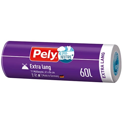 Pely Zugband Müllbeutel Anti Geruch 60 Liter extra lang- klimaneutralisiert durch Kompensation, Vorteilspack 20 x 11 Stück