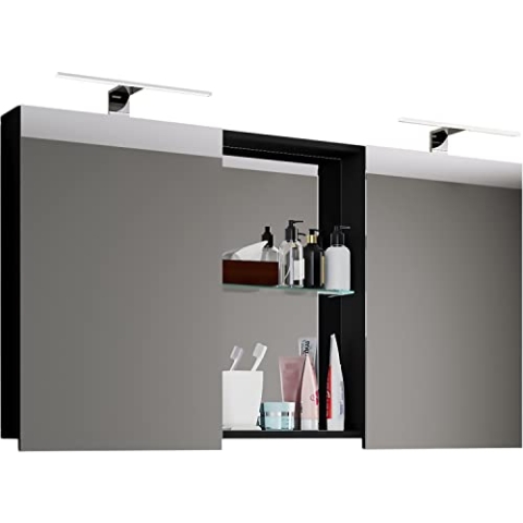 VCM Badschrank zeitlos | Maße ca. H. 59 x B. 112 cm T. 12 cm | Zwei Drehtüren mit Ablagefächer | Spiegelschrank - Budasi Schwarz
