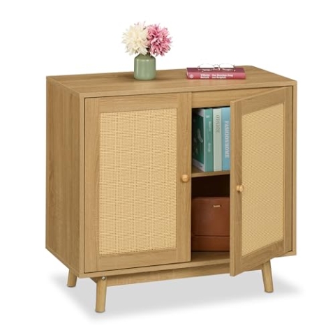 Relaxdays Sideboard, 2 Fächer, Rattan-& Holzoptik, HxBxT: 75 x 80 x 40 cm, Wohnzimmer, Küche, Beistellschrank, Natur