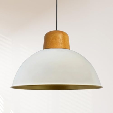 bamyum Pendelleuchte Industrielle Weiß Metall Groß Ø 40 cm, Hängelampe Industriell Lampe Vintage Hängeleuchte, Deckenleuchte Weiß Holz, Pendelleuchte Esstisch, Pendellampe, Esszimmerlampe, Küchenlampe