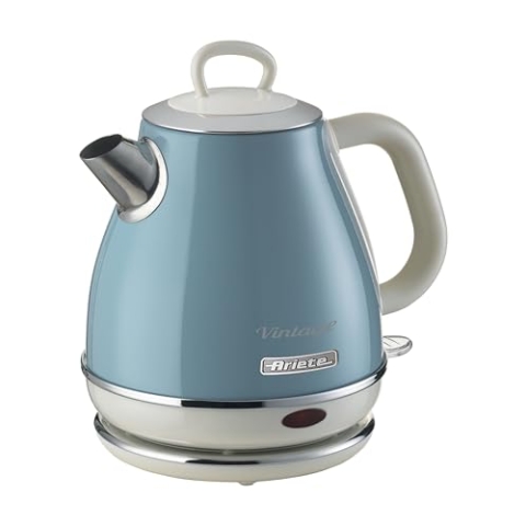 Ariete Vintage Wasserkocher 2868, Retro Elektrischer Wasserkocher mit Kabellosem 360°-Sockel, Abschaltautomatik, 1 L Fassungsvermögen, Edelstahl, 1600W, Blau