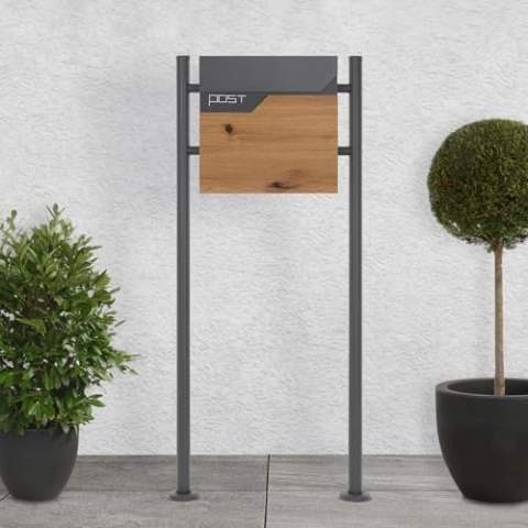 ECD Germany Standbriefkasten mit Zeitungsfach, Design Briefkasten mit Pfosten, Briefkastenanlage, Briefkastenständer Anthrazit Edelstahl pulverbeschichtet, Postkasten Anthrazit-Holzoptik Edelstahl