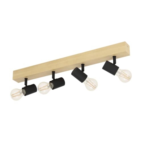 EGLO Deckenlampe Townshend 3, 4 flammiger Vintage Deckenspot im Industrial Design, Retro Lampe aus Stahl und Holz, Farbe: Schwarz, braun, Fassung: E27