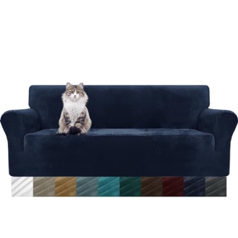 MAXIJIN Thick Velvet Sofabezüge 3-Sitzer Super Stretch rutschfeste Couchbezug für Hunde Katze Haustierfreundlich 1-teilige elastische Möbel Protector Plüsch Sofa Schonbezüge (3 Sitzer, Navy Blau)