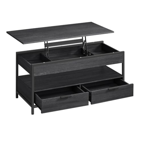 VASAGLE Couchtisch, höhenverstellbarer Wohnzimmertisch, Kaffeetisch, mit Schubladen, offenes Fach, 50 x 100 cm, anthrazitgrau-tintenschwarz LCT209B22