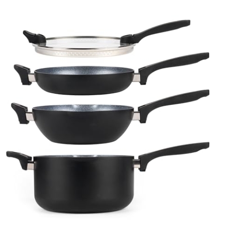 Russell Hobbs RH01840 4-teiliges stapelbares, antihaftbeschichtetes Pfannen- und Topfset, induktionsgeeignet, einfache Reinigung, platzsparendes Design