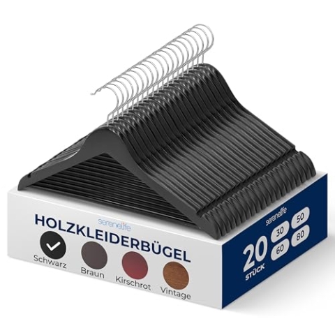 SereneLife Holzkleiderbügel, 20 Stück- Kleiderbügel Schwarz, Robuste & rutschfeste Hangers- 1,2cm dick, 360° drehbarer Haken, Einkerbungen im Schulterbereich, Ideal für Anzüge, Jacken & Mäntel