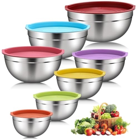 DaiWeier Set mit 7 Schüsseln aus Edelstahl mit bunten Deckeln, Rührschüsseln, Salatschüsseln, stapelbar für minimale Lagerung, unverzichtbares Kochen, Küchenutensilien