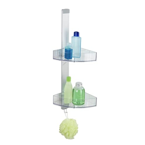 WENKO Eck-Duschcaddy Premium Badregal, Duschregal mit 2 Ablagen und Haken Silber matt