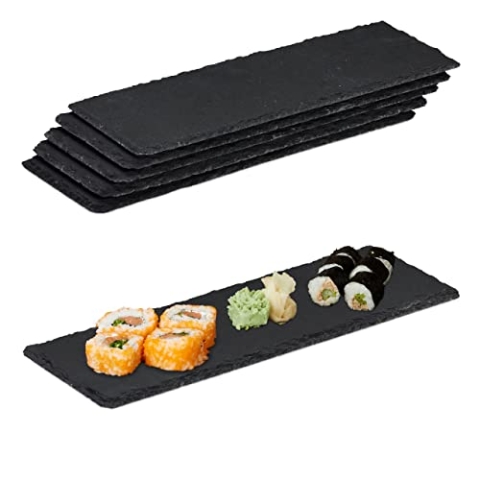 Relaxdays 24 x Schieferplatte, längliche Servierplatten aus Schiefer, Servieren & Beschriften, 30x10 cm, Sushi Platte, anthrazit