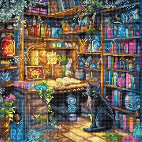 Letistitch Kreuzstich Stickpackung "Zauberhafte Bibliothek", Zählmuster, 29x29cm