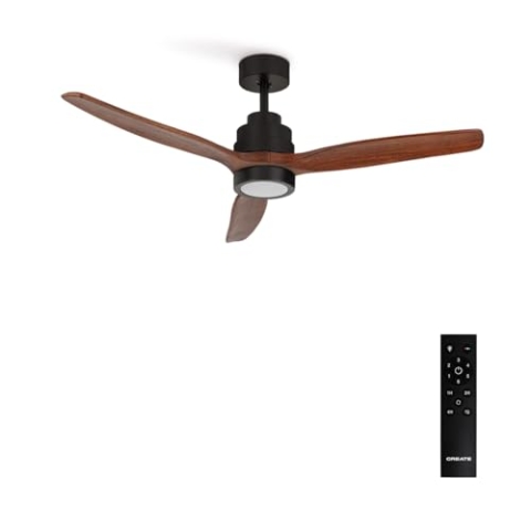 CREATE / WINDSTYLANCE/Deckenventilator mit Beleuchtung Schwarz Dunkelholzflügel mit Fernbedienung / 40W, Leise, Ø132 cm, 6 Geschwindigkeiten, Timer, Sommer-Winterbetrieb, doppelte Höhe, DC-Motor