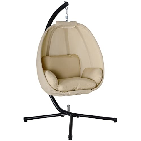 Outsunny Eiförmiger Hängesessel für den Außenbereich, Hängeschaukel mit abnehmbar waschbar Sitz, Gestell, Hängematte für 1 Personen, Schaukelsessel für Indoor Outdoor, Terrasse, Garten, Khaki