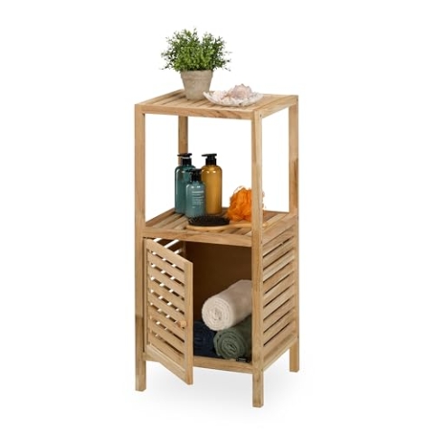 Relaxdays Badezimmerregal, Walnuss, Tür, 2 Ablagen, HBT: 86 x 40 x 36 cm, Standregal für Bad & Küche, freistehend, Natur